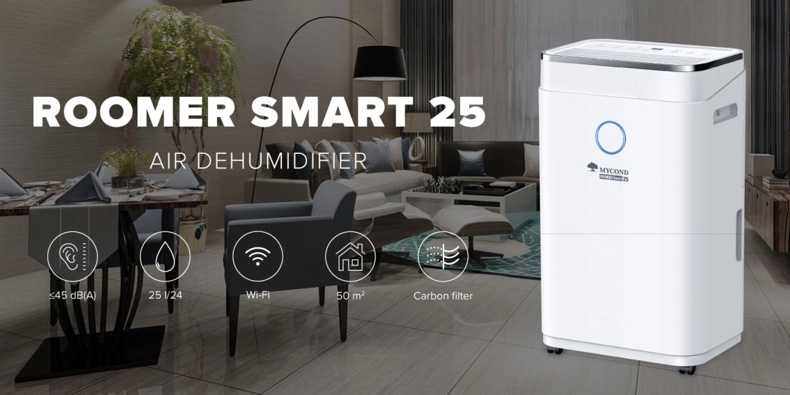 Kompaktný odvlhčovač vzduchu MyCond Roomer Smart 25 pre veľké miestnosti.