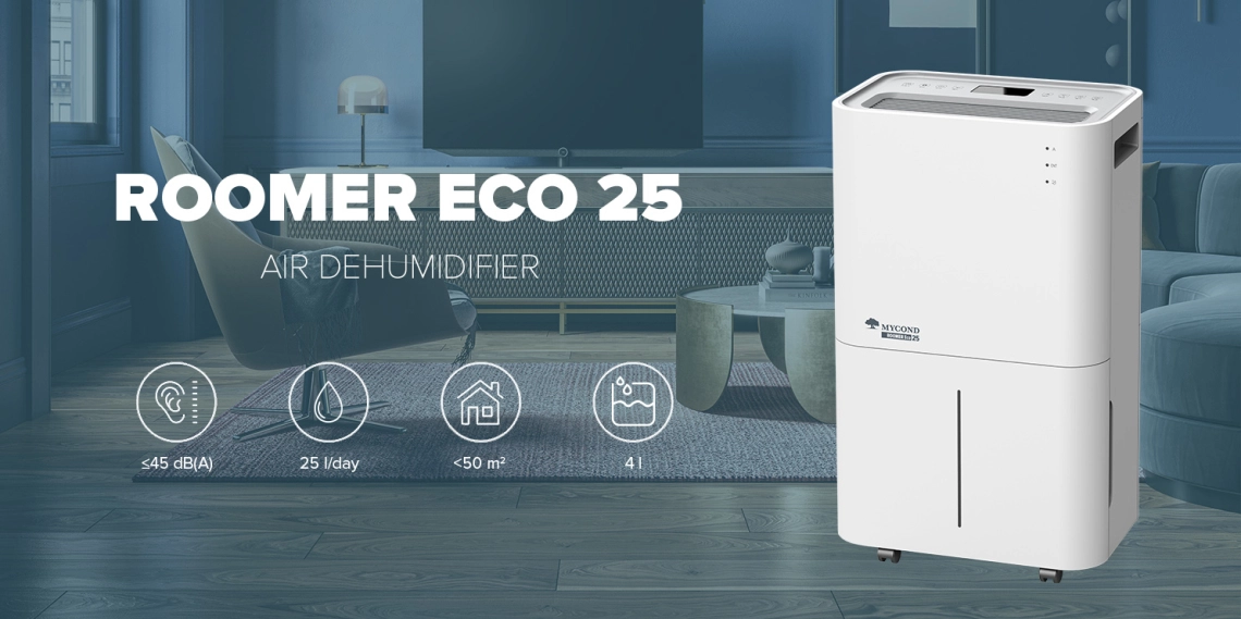 Kompaktný odvlhčovač MyCond Roomer Eco 25 ideálny na domáce použitie.