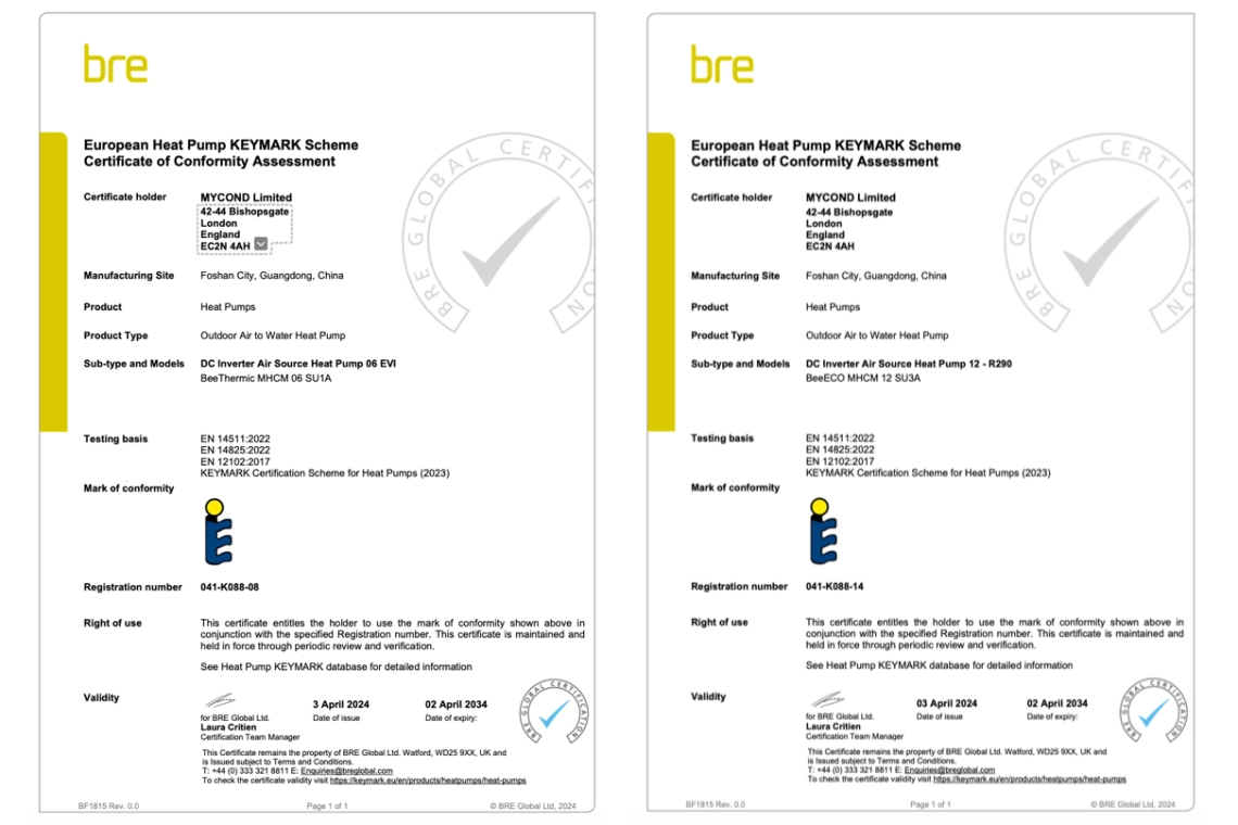 Tepeln&eacute; čerpadl&aacute; Mycond certifikovan&eacute; spoločnosťou Keymark pre s&uacute;lad s efekt&iacute;vnosťou.