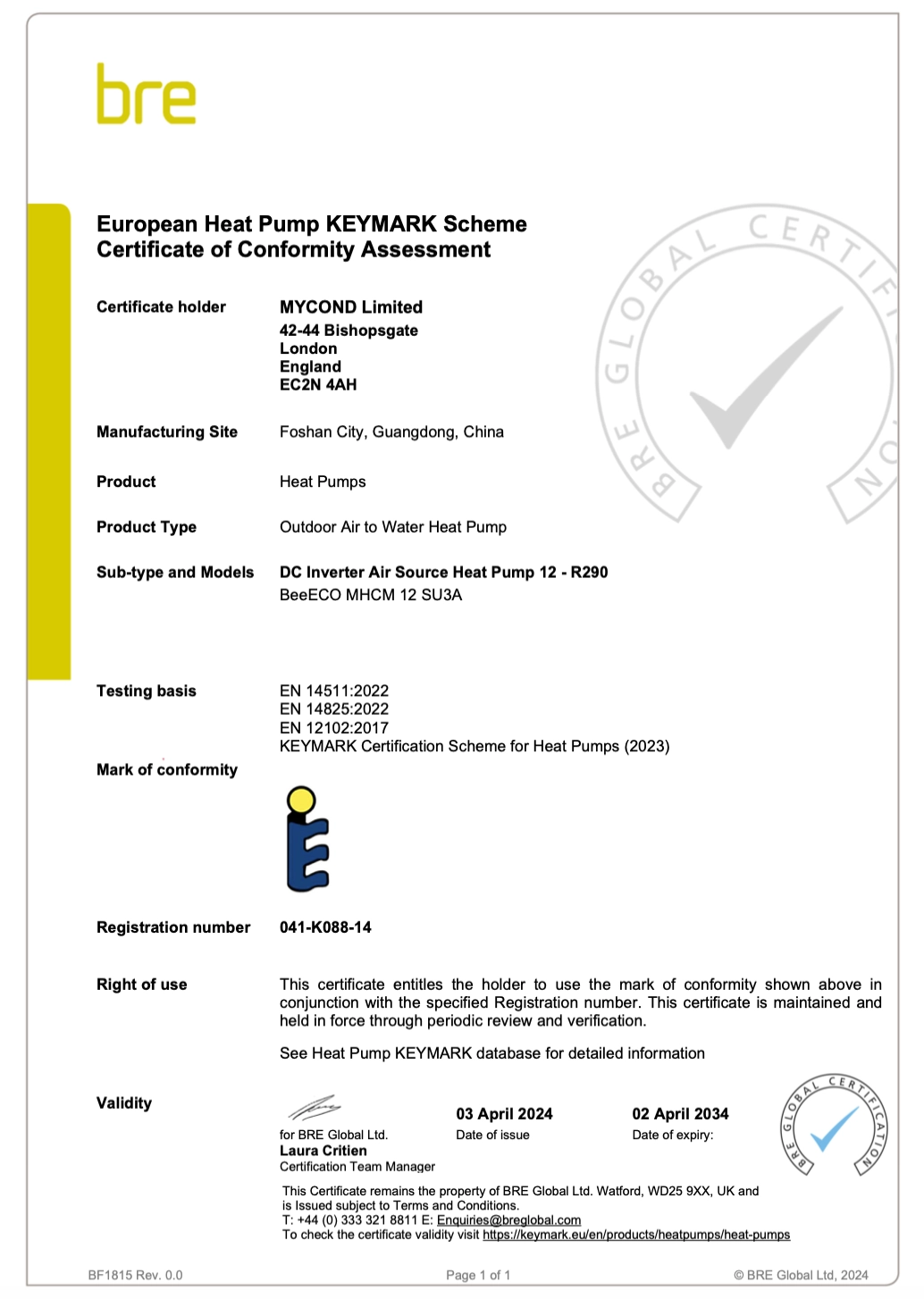 Mycond BeeEco certifikát zhody KEYMARK