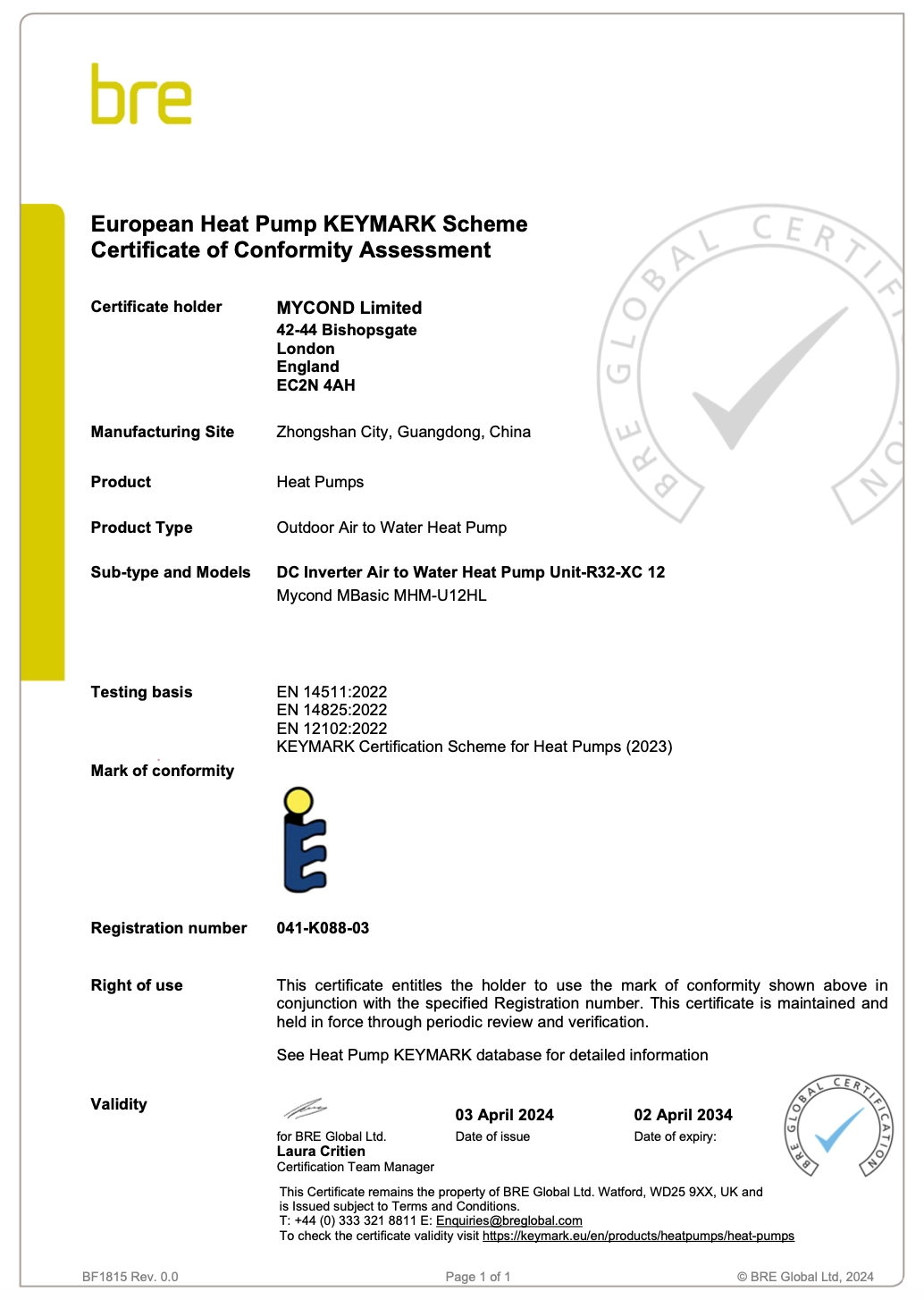 MyCond MBasic certifikát zhody KEYMARK