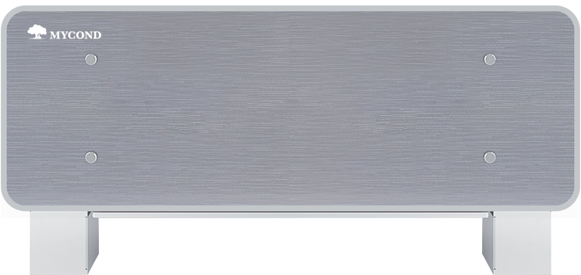 MyCond Silver Glass Low Elegantná strieborná sklenená fan-coilová jednotka pre účinnú klimatizáciu.