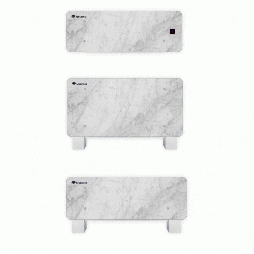 MyCond Silver Glass Wall Moderná nástenná jednotka fan-coil v striebornom sklenenom dizajne.
