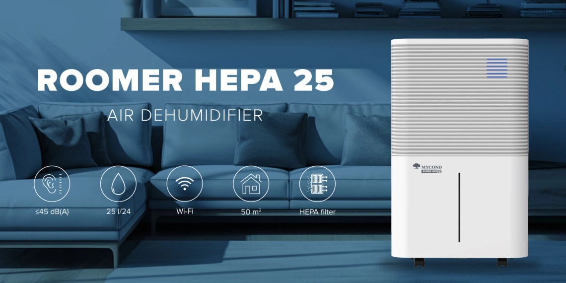 Tichý odvlhčovač vzduchu MyCond Roomer Hepa 25 na účinnú reguláciu vlhkosti.